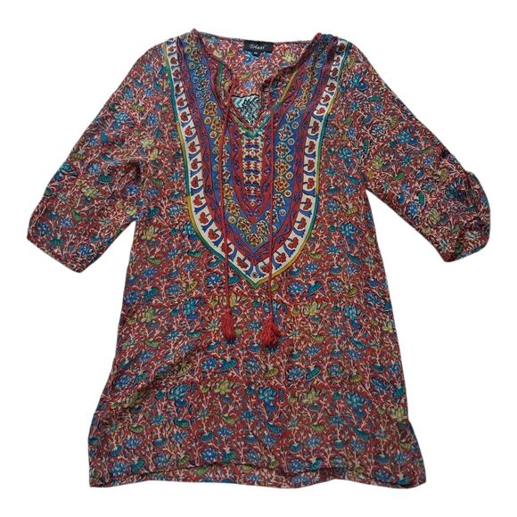 Tolani Tops - Tolani Tunic Top Women's XS Red Silk Colorful Floral Tassel‎ 3/4 Sleeve Boho